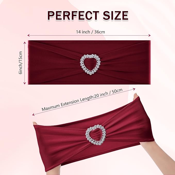 Howhic Pack of 30 Spandex Chair Sashes Bows Stretch Chair Cover Band with Buckle Slider Universal Elastic Chair Ties for Wedding Banquet Party Event Decoration (Burgundy)