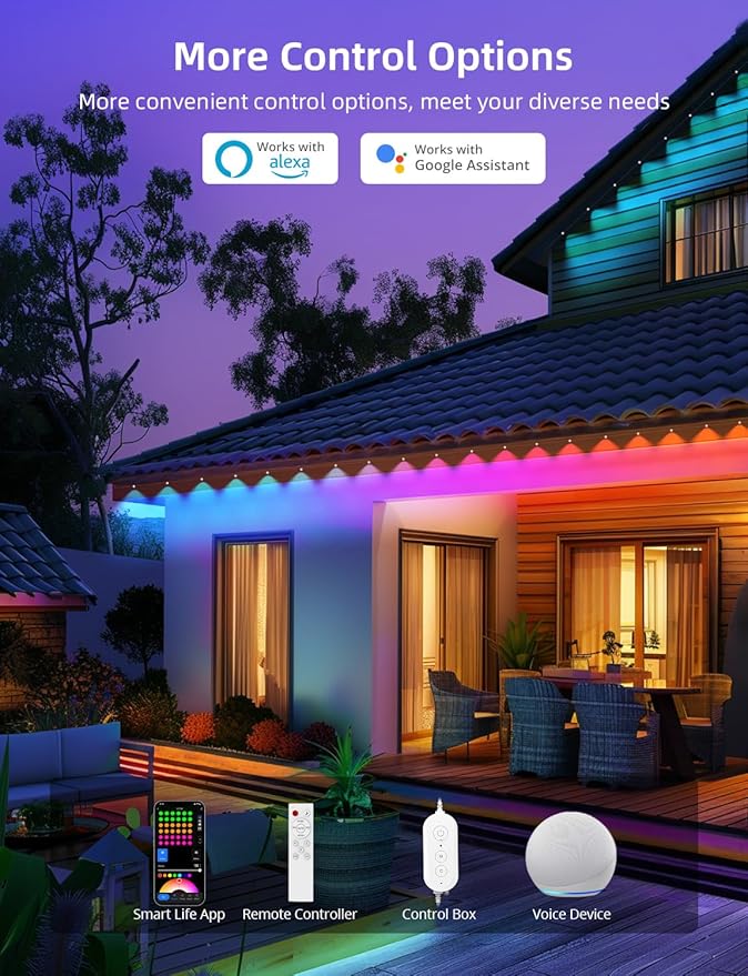 String Lights 50 ft Outdoor Smart LED, 36 RGBW Bulbs, IP65 Waterproof