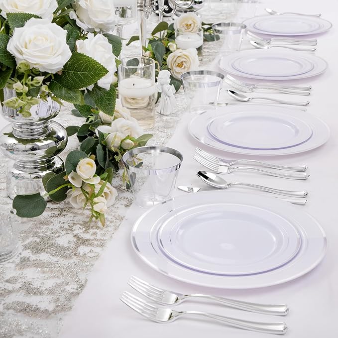 Plates for 25 Guests: Silver Rim Disposable Dinnerware, 150 Pieces