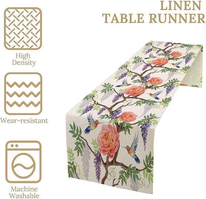 Vintage Bird Flower Table Runner Seasonal Spring Purple Wisteria Garden Plants Lavender Pink Florals Farmhouse Country Kitchen Dinner Runner Dining Table Decoration for Home Party Holiday 13"x108"