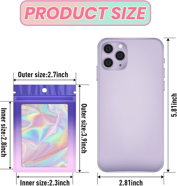 Funfery 100 Pack Gradient Holographic Bags,Mylar Resealable Bag with Zipper,Clear Window Packaging Pouch,Smell Proof Foil Bags for Food Storage,Sample Jewelry Baggies(2.7×3.9in,Purple Pink)