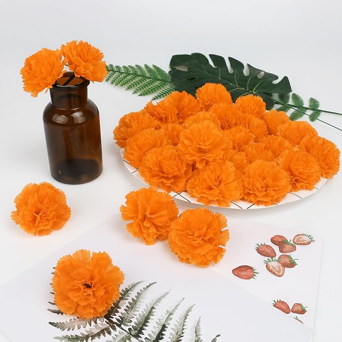 30 Pcs Artificial Marigold Flowers,2" Silk Marigold Flower Heads with Stems,Orange Flowers Artificial for Diwali Decor,Indian Wedding,Home,DIY Wreath Garland,Day of The Dead Decorations