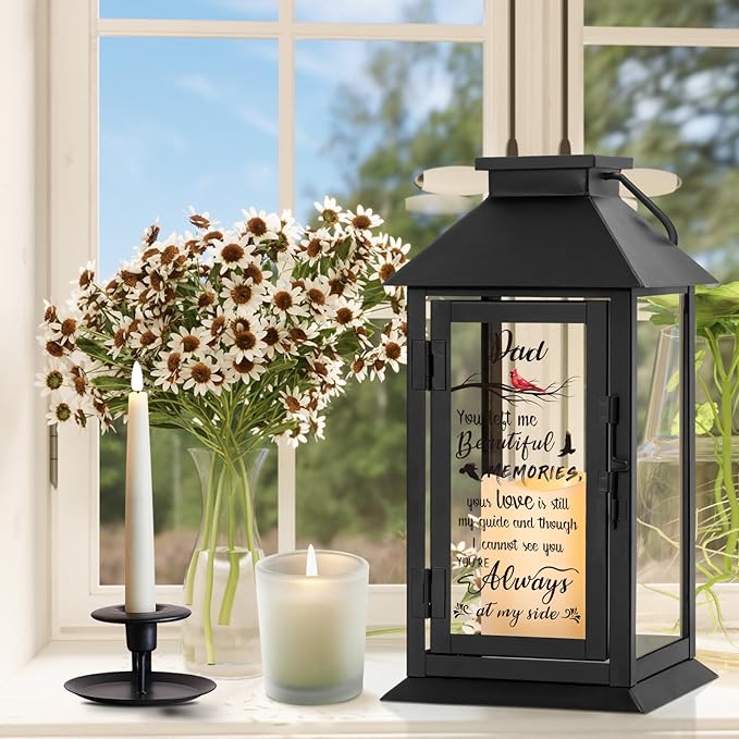 Memorial Candle Lantern, Metal Frame and Glass Panels, 14.2 Inch LED
