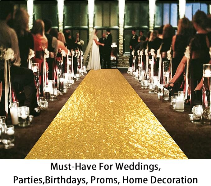 Aisle Runner, Gold Sequin, 4 x 30 Ft, Seamless Mesh, Indoor or Outdoor