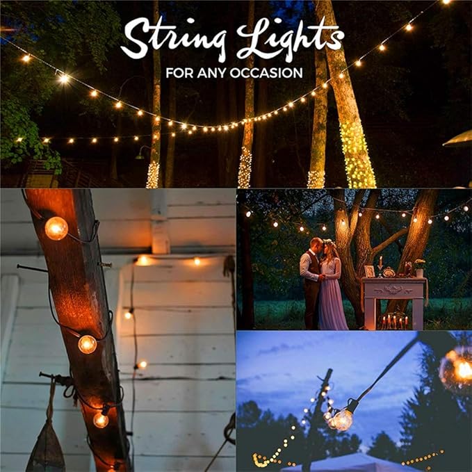 String Lights 100 Ft Outdoor Warm White G40 Bulbs with Spares