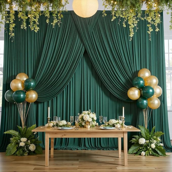 20ftx10ft Wrinkle Free Hunter Green Backdrop Curtains for Party Background, 4 Panels Silky Fabric Green Photo Backdrop Drapes Back Drop Cloth for Wedding Birthday Photography Baby Shower Decor