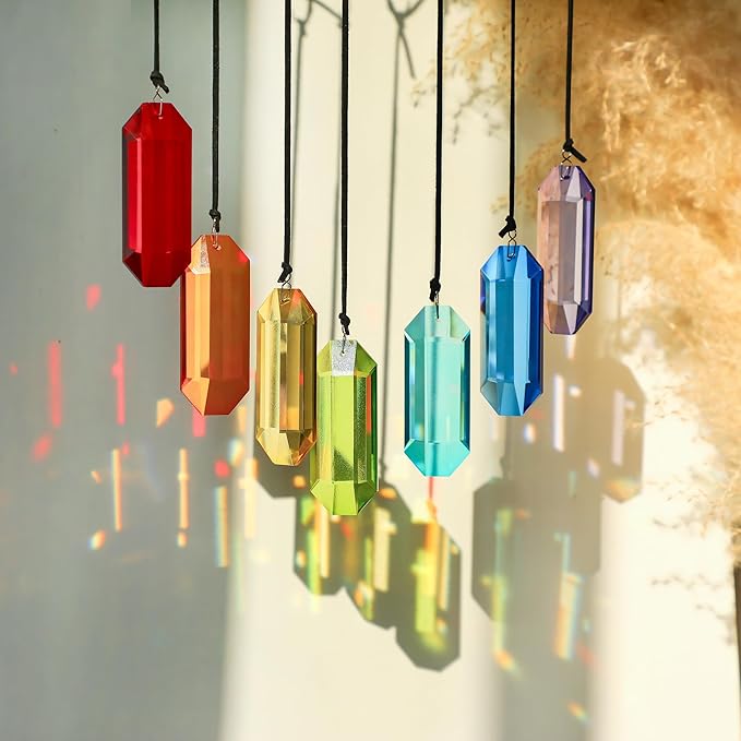 HDCRYSTALGIFTS 7pcs Crystal Suncatcher Prisms 3'' Indoor Window Hanging Ornament Rainbow Glass Prism Sun Catcher Decor for Home Garden Healing Crystals