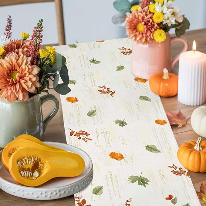 Fall Wildflowers Cotton Linen Table Runner for Dining Kitchen, Thanksgiving Pumpkin Outdoor Party Rustic Tablerunners Decoration, Botanical Floral Vintage Dresser Scarf Tablecloth Runners 13x36 Inches