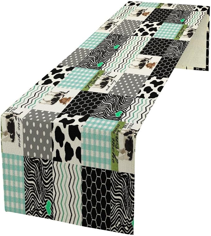 Cute Cow Print Table Runner,Farm Animals Honeycomb Plaid Stripes Cowhide Pattern Tablecloth Burlap for Hotel Indoors Outdoor Dining Room Kitchen Table Decor, 13x90in