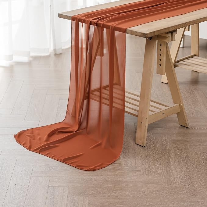 1Pack 9ft Chiffon Table Runner 14x108 Inch Sheer Romantic Table Runner for Wedding Birthday Party Bridal Shower Outdoor Decoration-Rust