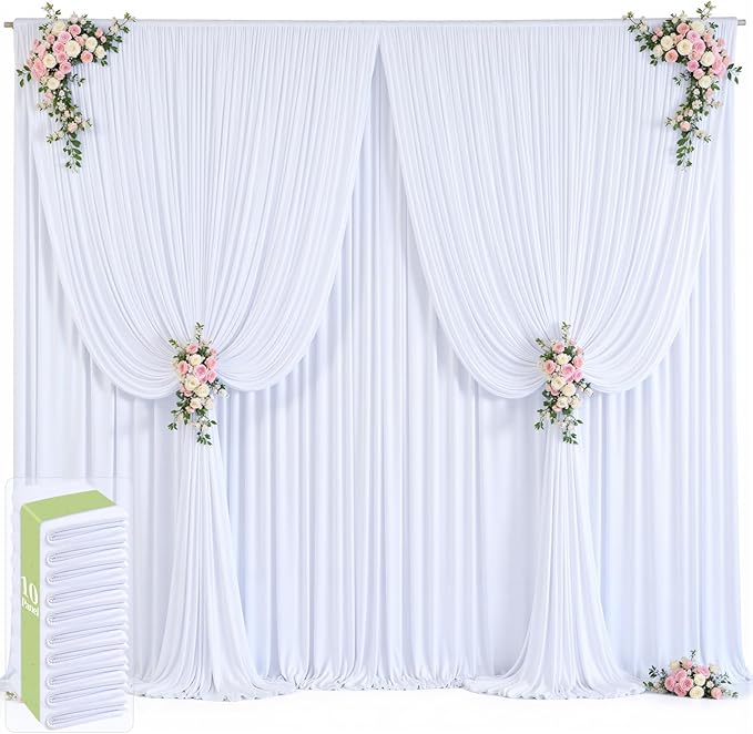 Backdrop Curtains, White Wrinkle Free Fabric, 5x12ft Panels, Set of 10