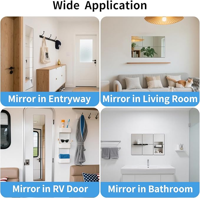 Unbreakable Acylic Small Mirror Tiles for Kids, (6-Pcs 8x8 Inch) Plastic Mirrors for Wall, Stick on Mirrors for Small Decorative Mirror, Shatterproof Peel and Stick on Miroir Tiles for Wall Decor