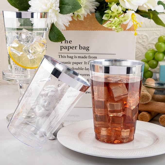 Party Cups, 12 Oz Clear Plastic with Silver Rim, 50 Count
