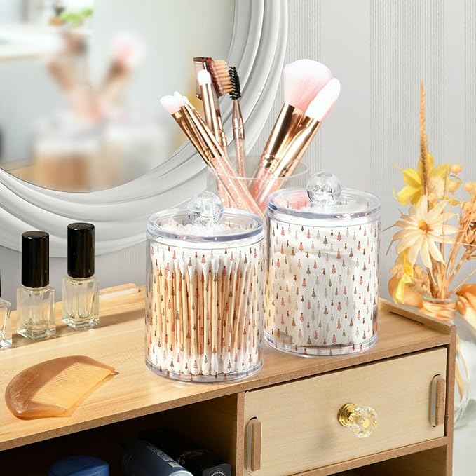 Gredecor 2 Pack Qtip Holder Clear Pastel Christmas Tree Pink Forest Apothecary Jars with Lids Acrylic Christmas Winter Bathroom Jars Vanity Canister Storage Organizer for Cotton Ball,Swabs,Pads,Floss