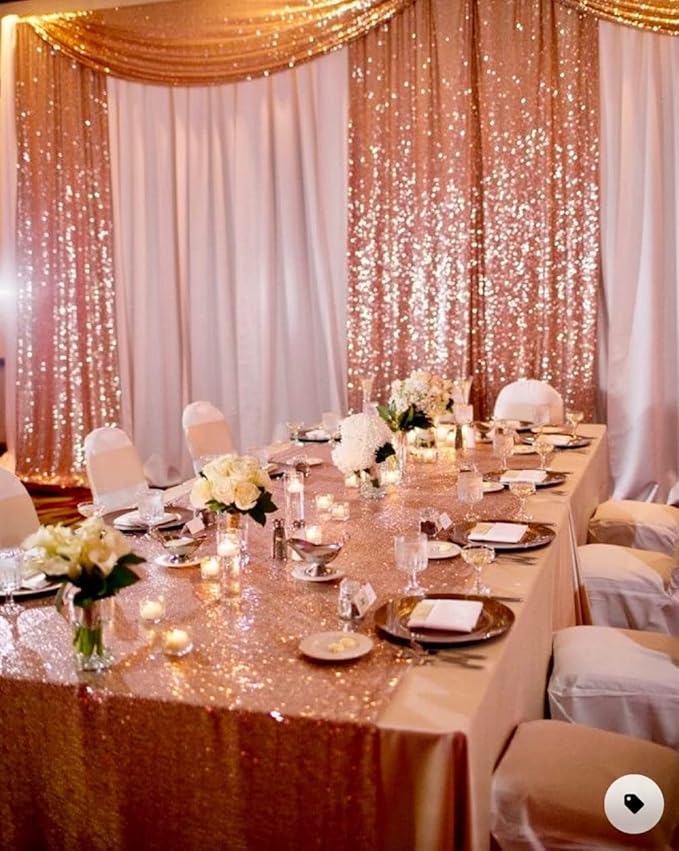 Poise3EHome Rose Gold Sequin Backdrop,2 Panels 2FTx8FT Glitter Background for Party Birthday Party Baby Shower Wedding Christmas Thanksgiving Holiday Festival Decor