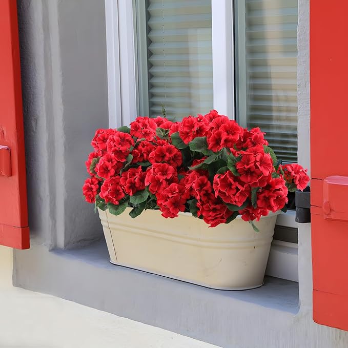 Hananona 12 Pcs Artificial Geranium Flowers for Outdoors Geranium Silk Red Flowers Outdoor UV Resistant Garden Plants Faux Flower for Christmas Home Kitchen Table Centerpieces Decor (12, Red)