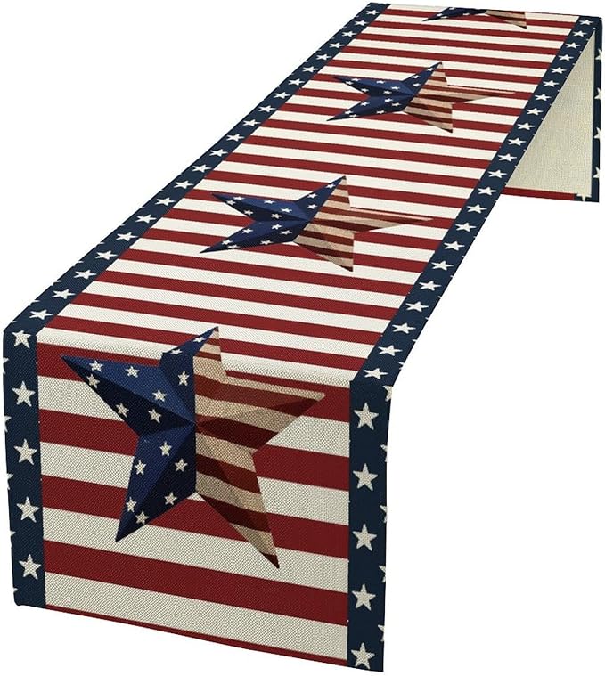 4th of July Table Runner, Patriotic Independence Day American Stars Stripes Flag Print Table Runner for Farmhouse Kitchen Dining Holiday Birthday Party, 13x60inch