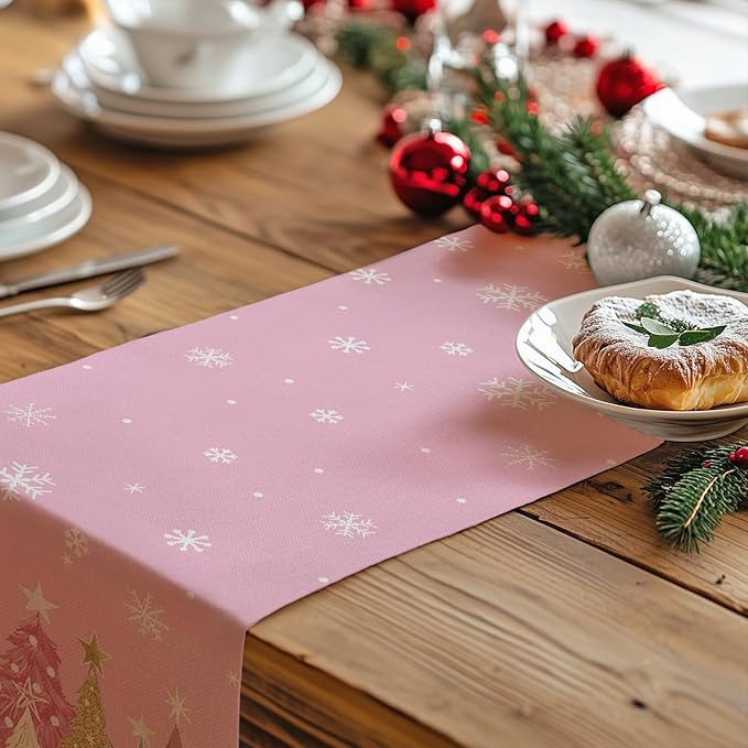 GEEORY Christmas Table Runner 13x90 Inch, Xmas Trees Snowflakes Holiday Decorative Farmhouse Table Decoration for Kitchen Dinning, Indoor Outdoor Dinner Party Decor (Pink) GT153-90