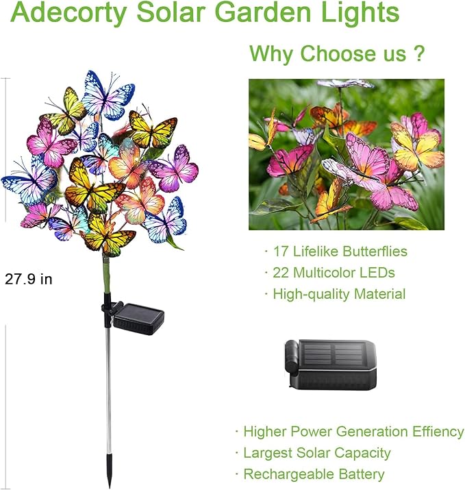 String Lights with Butterfly Solar Stakes, 8 Pack, Multicolor LED