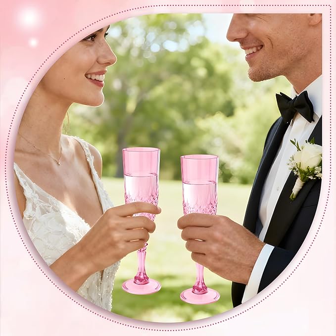 Plastic Champagne Flutes, 48PCS Pink Wine Glasses Goblets Cups Reusable Flute, for Weddings Bachelor Parties Toasting and Events (48, Pink)