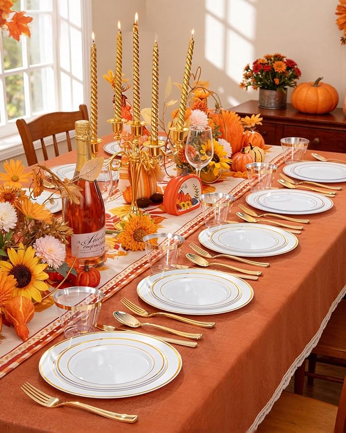 Plates: 300 Count White Plastic Round Disposable Party Plates with Gold Trim