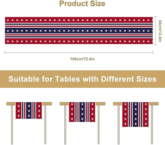 4th of July Table Runner, USA Flag Stars Stripes American Independence Day Red Blue White Stars Lines Print Table Cover for Farmhouse Kitchen Indoor Outdoor Home Party, 13x36inch