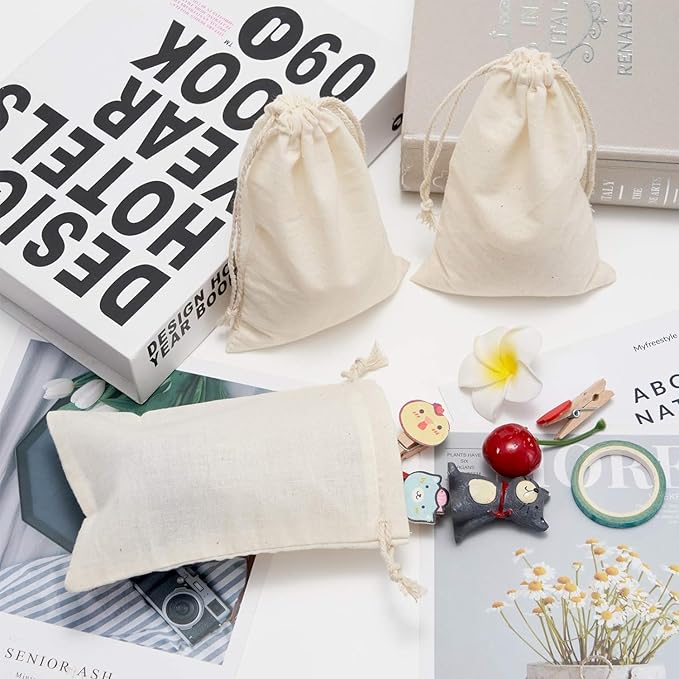 Gift Bags 50 Pack Cotton Muslin Drawstring Bags, 5 x 7 Inches
