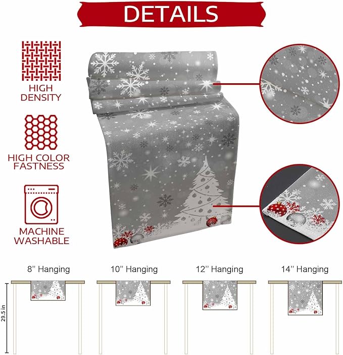 Christmas Snowflakes Cotton Linen Table Runner for Dining Kitchen, Xmas Tree Snow Winter Wedding Outdoor Party Tablerunners Decoration, Grey Balls Dresser Scarf Coffee Tablecloth Runners 13x90 Inches