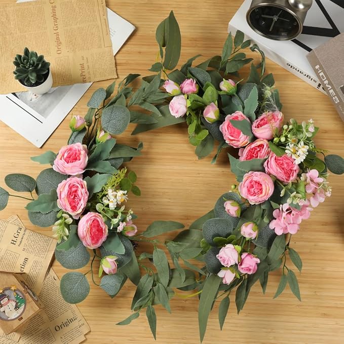 Artificial Flowers Pink Peony Wedding Arch Swag, Green Leaves