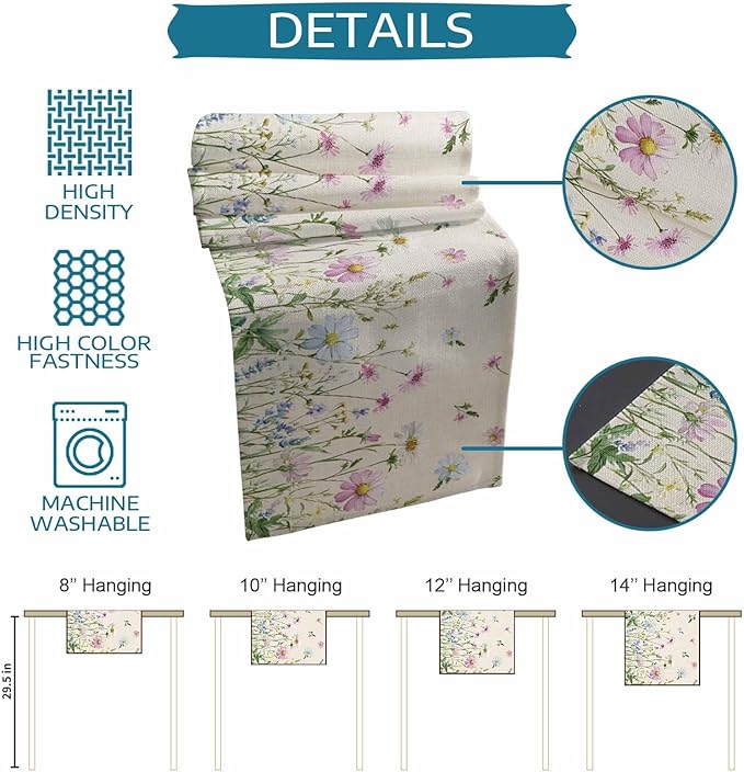 Vintage Wildflowers Cotton Linen Table Runner for Dining Kitchen, Wedding Outdoor Party Tablerunners Decoration, Farm Floral Pink Botanical Plants Dresser Scarf Coffee Tablecloth Runners 13x48 Inches