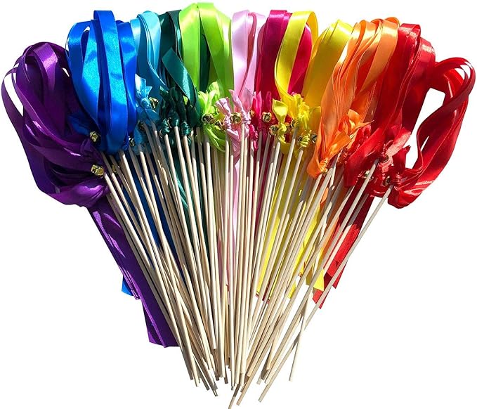 Kingsnow 50 Pack Ribbon Wands Wedding Streamers with Bells, Silk Fairy Stick Wish Wands Party Favors for Wedding Send Off Party Activities Table Holiday Celebration