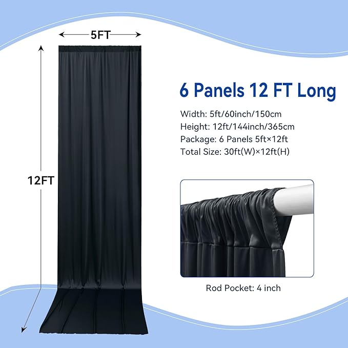 30x12ft Wrinkle Free Black Backdrop Curtain for Wedding Parties, 6 Panels 5×12 ft Long Soft Silky Polyester Fabric Backdrop Drapes Black Photo Back Drop Curtains for Party Photography Background Cloth