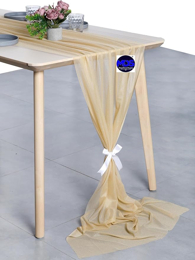 MDS 25 Pack 10ft Chiffon Table Runner 29 x 120 Inches Sheer Wedding Runner Romantic Rustic Table Runner for Wedding Decorations, Birthday Parties, Bridal Shower Party Arch Decor - Champagne Gold