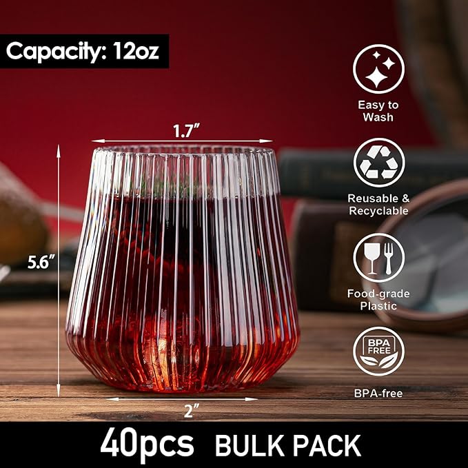 Wine Glasses, Stemless Clear Shatterproof Plastic 12 oz, Pack of 40