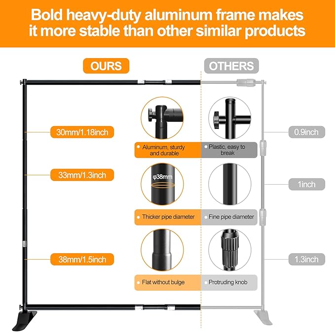 Backdrop Stand, Black Aluminum Telescopic Frame, 3.4-8 ft Height