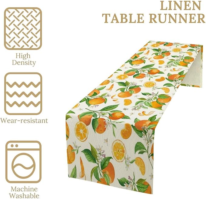 Spring Summer Orange Table Runner Vintage Citrus Lemon Fruit Mandarin Floral Dinner Runner for Farmhouse Baby Shower Party Holiday Home Kitchen Dining Table Decor 13x90