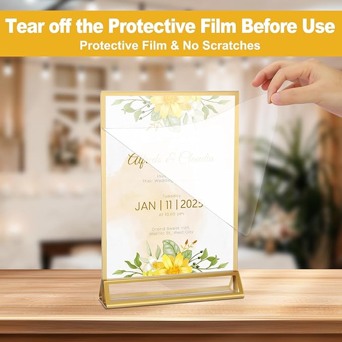 EHWINE 4 Pack Acrylic Sign Holder 8.5 x 11, Double Sided Gold Picture Frame Stand up Table Top Sign Holders, Clear Display Stand Menu Flyer Holder for Wedding Party (Provide Non-slip Mats)