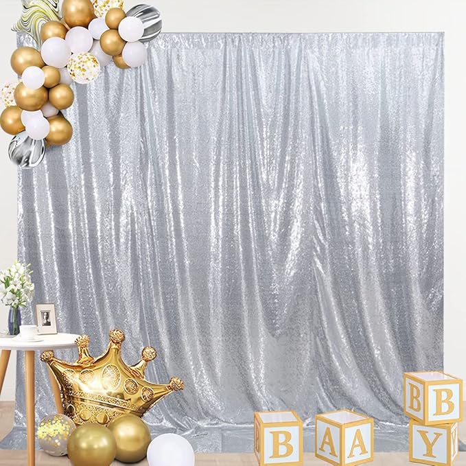 SquarePie Sequin Backdrop Curtain Not See Through Thick Background for Party 5FT x 7FT Silver