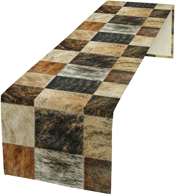 Rustic Cow Skin Patchwork Print Table Runner, Farmhouse Country Western Style Fur Table Cover for Dinning Home Party Holidays Home Setting, 13x90 Inch