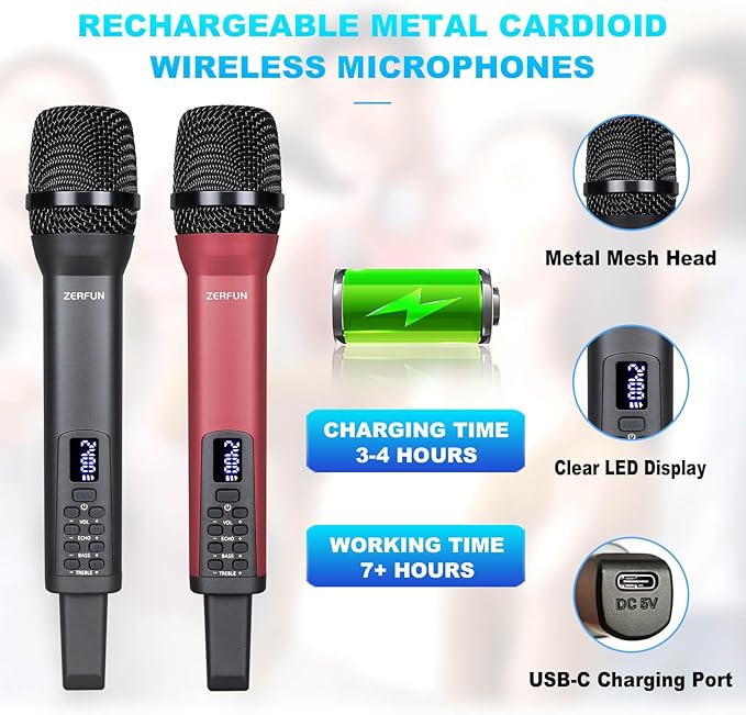 Dual Rechargeable Wireless Microphones, Pro Handheld Cordless Mics System with Echo Treble BASS VOL Control for Karaoke Singing Church Party, 1/4'' Output, Grey&Red