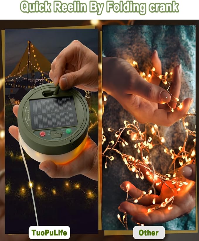 String Lights with 130 Warm White LEDs, Solar USB Rechargeable, 8 Modes