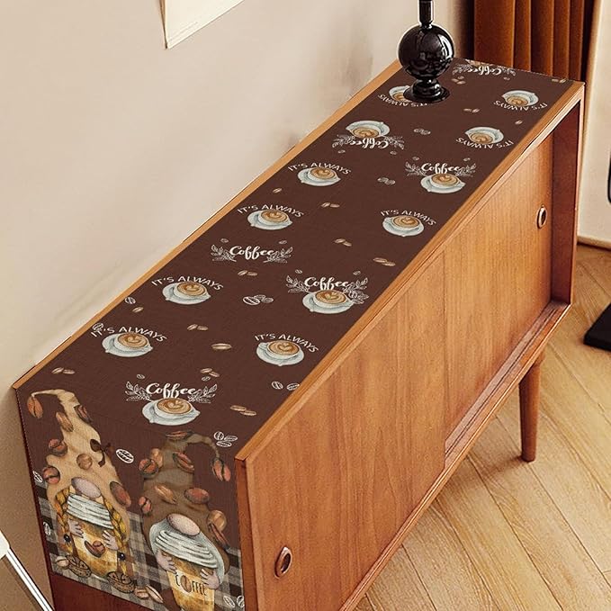 Coffee Time Table Runner, Farmhouse Retro Gnome Coffee Cup Tea Party Cafe Brwon Table Center Decor for Home Kitchen Dining Patio Holiday Party Indoor Outdoor Table Decorations,13"x90" Inch