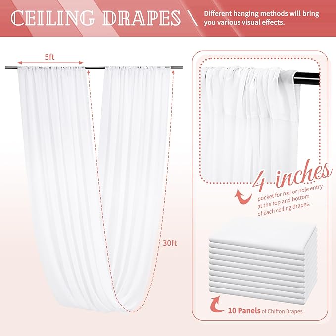 10 Panels White Ceiling Drapes for Wedding 5ftx30ft Sheer Drapery Chiffon Fabric Arch Draping Curtains for Party Ceremony Birthday Baby Shower Reception Stage Ceiling Decorations