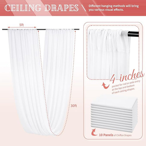 10 Panels White Ceiling Drapes for Wedding 5ftx30ft Sheer Drapery Chiffon Fabric Arch Draping Curtains for Party Ceremony Birthday Baby Shower Reception Stage Ceiling Decorations