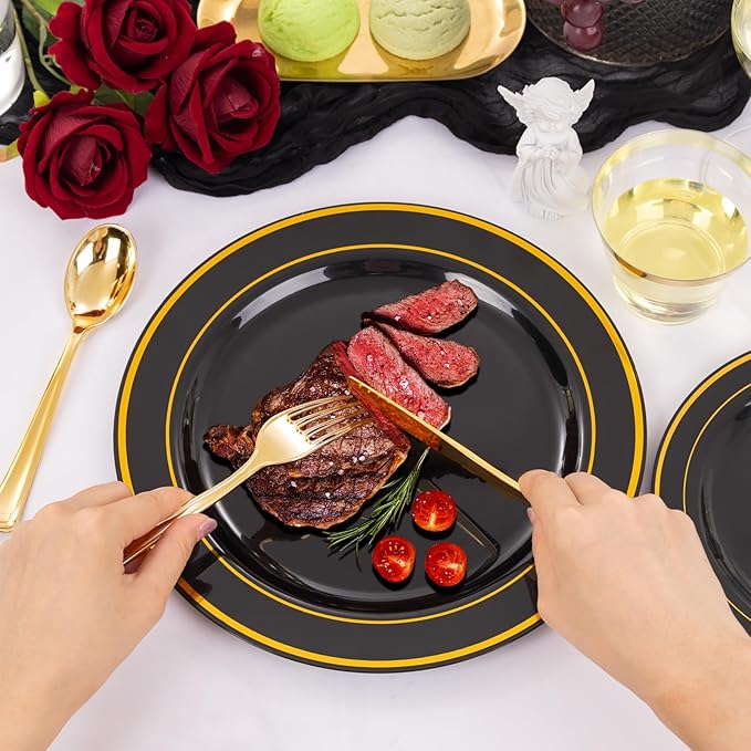 Plates Black and Gold Round Disposable Set, 300 Pieces Plastic