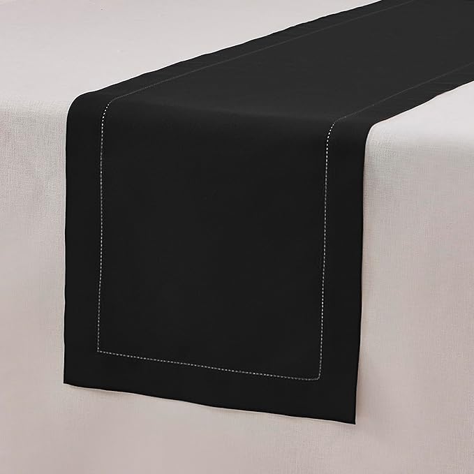 Cotton Linen Table Runner 120 Inches Long – Black Farmhouse Table Runner for Thanksgiving, Christmas – Washable Hemstitch Fabric Ideal for Winter Décor, Gift – Serena