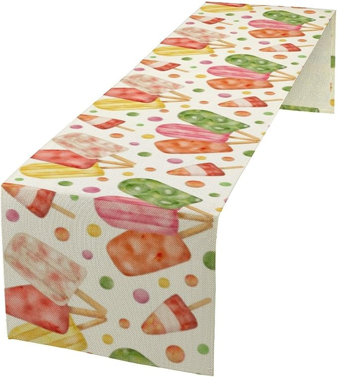 Summer Popsicles Table Runner, Watercolor Colorful Fruit Ice Cream Pops Berry Kiwi Cold Summer Sweet Seasonal Dinner Runner for Party Holiday Home Kitchen Dining Table Decor 13"x36"