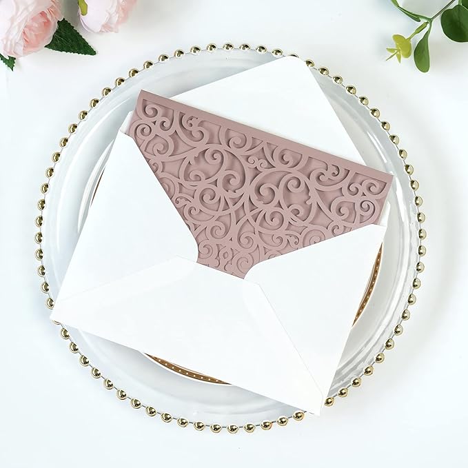 PONATIA 5.12 x 7.2 Dusty Rose Laser Cut Wedding Invitations, 5x7 Trifold Laser Cut Invitation Pockets with Envelopes for Wedding Bridal Shower Engagement Quinceanera Invitations (20PCS No Inner Sheet)
