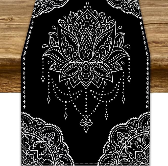 Lotus Flower Table Runner, Bohemian Ethnic Oriental Mandala Black White Floral Print Table Runner for Home Kitchen Dining Indoor Outdoor Dinner Party Decor, 13x90inch