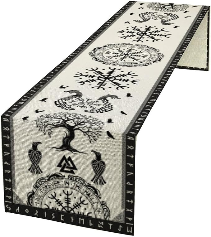 Ancient Abstract Pattern Table Runner, Tree of Life Eagle Dragon Boat Rudder Black and White Table Runner 13x60 Inch
